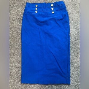 Vivienne Grace High-Waist Stretch Blue Pencil Skirt with Button Detail